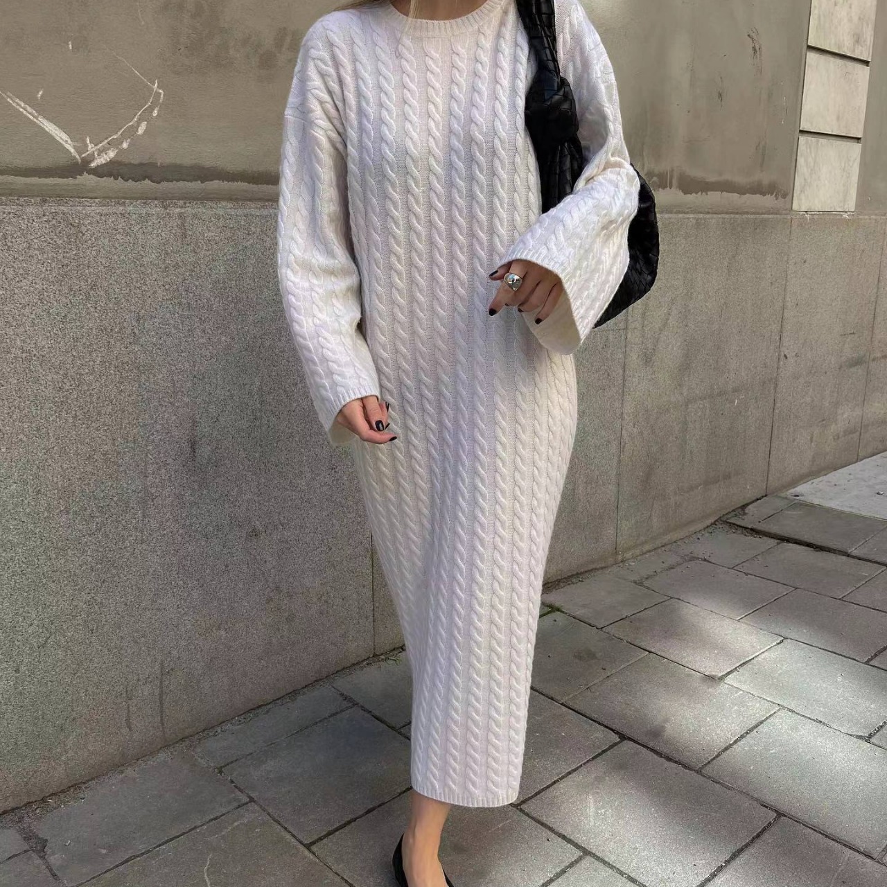 Vestido Suéter Largo Elegante de Estilo Europeo y Americano Otoño 2023 para Mujer, Manga Larga, Estilo Holgado, Cuello Redondo image 4