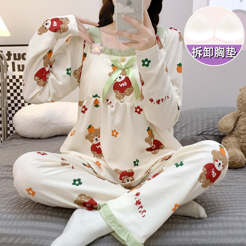 Primavera y otoño nuevo pijamas de las mujeres tejido crepe cuello cuadrado pullover pantalones manga larga con almohadilla en el pecho dulce desgaste del hogar traje