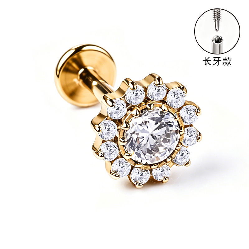 F136 Titanium Alloy Ear Studs – Finely Carved Long Tooth Ear Bone Studs with Zirconia, G23 Titanium Body Piercing Jewelry in Gold detail image 32