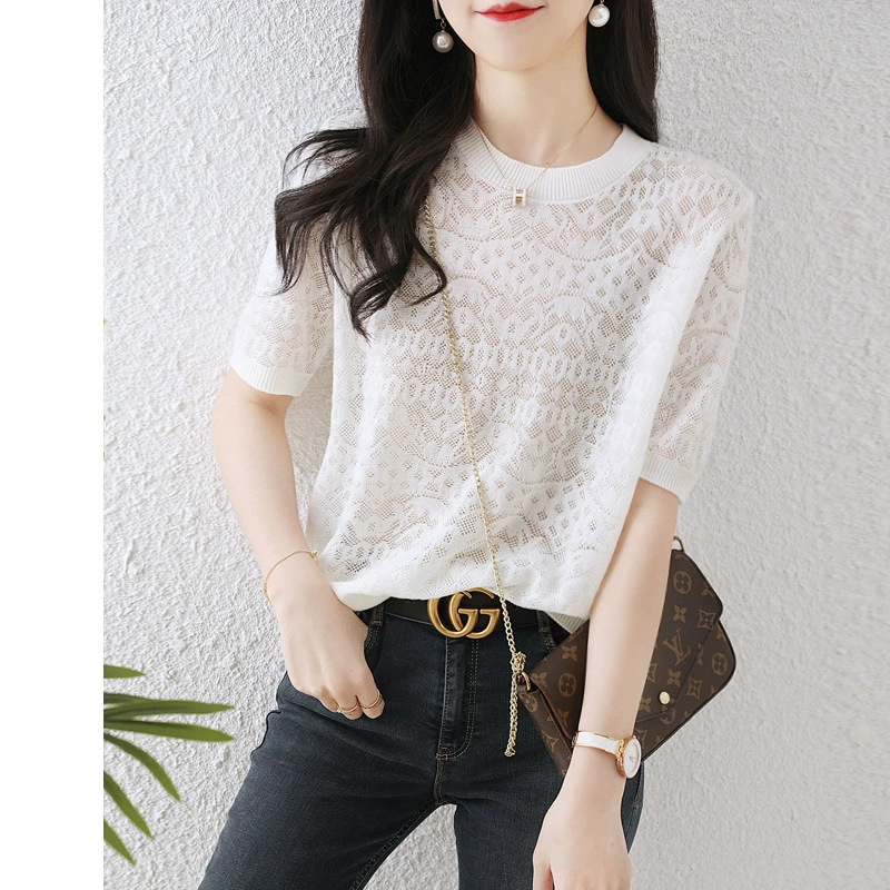 2025 новая летняя женская футболка с вырезами из ледяного шелка, тонкая повседневная белая футболка с коротким рукавом, женские топы