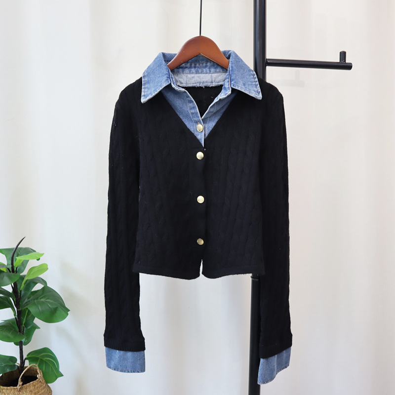 Women's Clothing Spliced denim two piece knitted cardigan autumn and winter new chic design temperament sweater jacket _voghion.com
