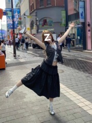 韩系假两件拼接泡泡袖衬衫女装夏季气质古早味波点半身裙子两件套