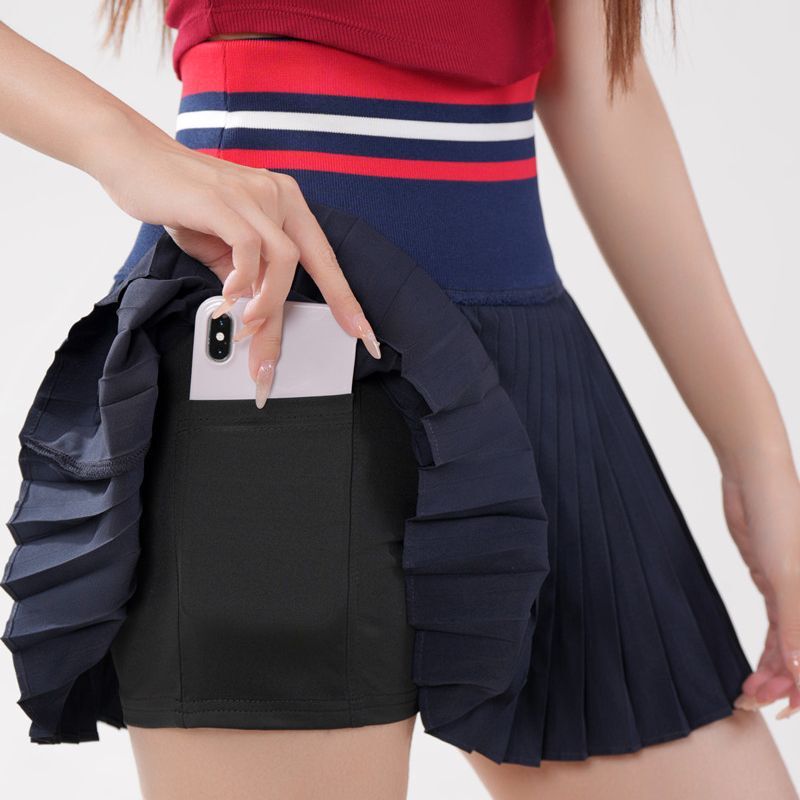 High-Waisted Tummy Control Tennis Skirt Running Sports Short Skirt with Anti-Exposure Shorts Built-In Pocket Plus Size Slimming Pleated Skirt