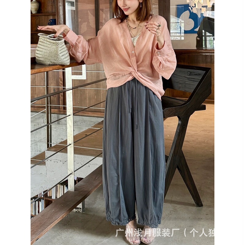 【T悠悠】Ramie V-Neck Knot Loose Long-Sleeve Shirt for Women 2026 Spring/Summer Designer Niche Shirt 【T悠悠】Ramie V-Neck Knot Loose Long-Sleeve Shirt for Women 2026 Spring/Summer Designer Niche Shirt