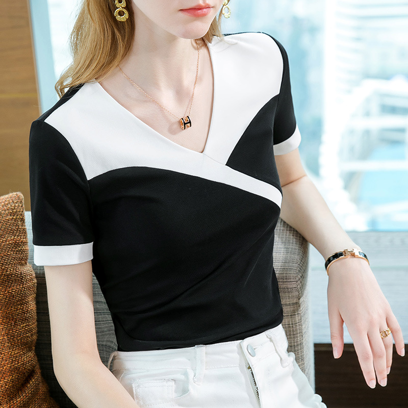Camiseta de manga corta para mujer verano 2023 nueva Camiseta de algodón de costura de color de contraste de moda para mujer temperamento con cuello en V elegante cintura superior