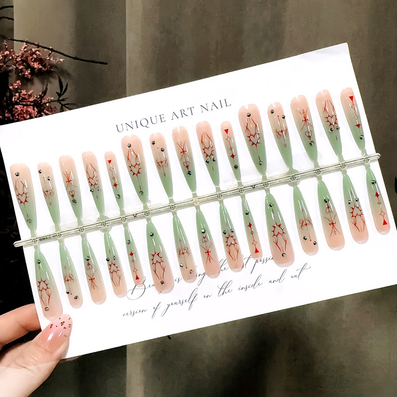 S541-Pre-Made Mint Green Nail Tips with Gothic Style Gradient Vibe, Niche Detachable Nail Pieces