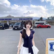 初梦POKEMENG4/14 夏日航海家 海军领系带蕾丝拼接无袖修身T恤