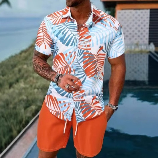 2024 europeo y americano transfronterizo verano AliExpress camisa de hombre casual suelto pantalones cortos de manga corta traje de playa impresión 3D