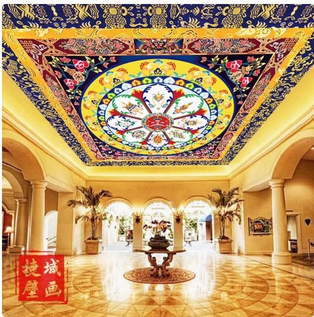 墙布藏式佛堂背景墙纸顶棚祥云壁纸全屋寺庙莲花吊顶吉祥八宝壁布|undefined
