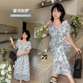 伊诺大码女装浪漫方领碎花连衣裙2026夏收腰显瘦法式长裙224784