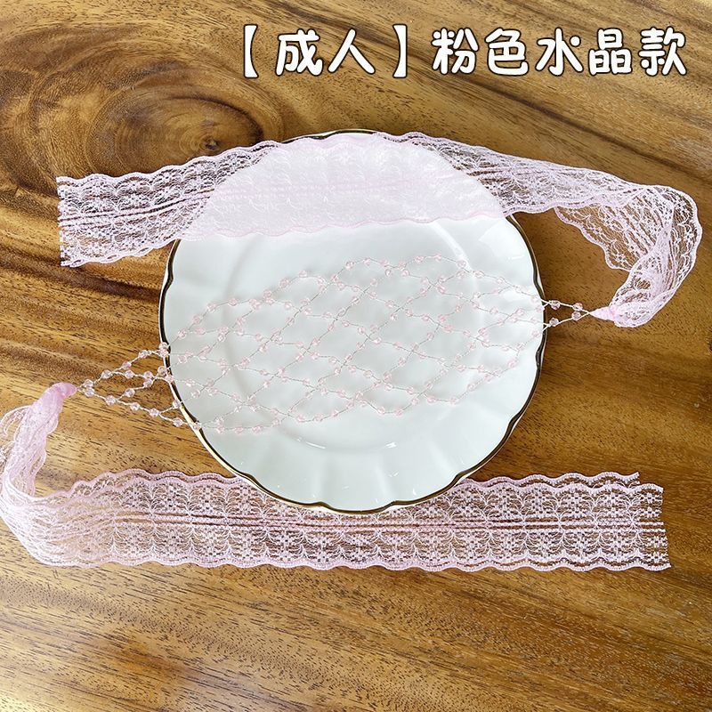 女童彩色水晶珠珠编织网状发箍精致珍珠手工串珠蕾丝飘带编发头箍|undefined