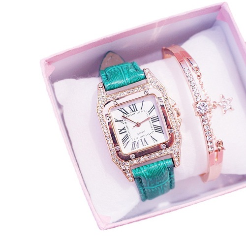 2pcs/set women's fashionable and elegant square dial belt quartz watch + star bracelet watch