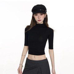 黑色中袖t恤女小高领打底衫内搭2025夏新款修身显瘦半袖短款上衣