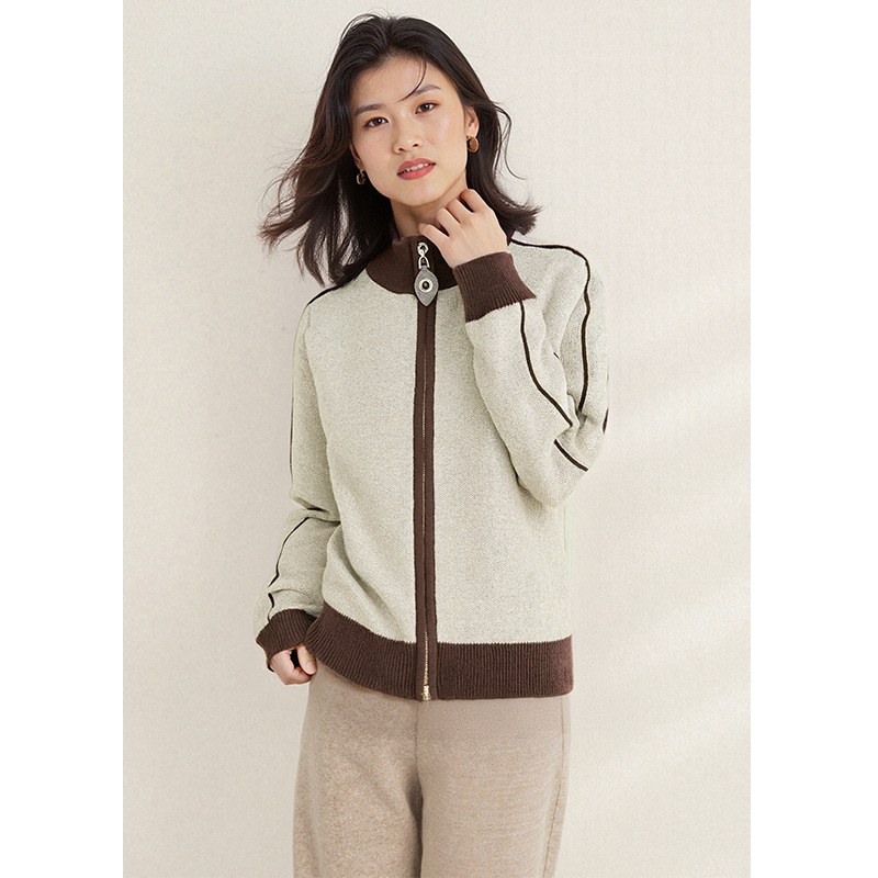拼色半高领长袖时尚针织开衫女2025年秋冬新款羊毛山羊绒混彷上衣