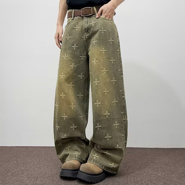 Vintage Washed Distressed Jeans for Men, New Autumn Loose Design with Heavy Embroidered Cross Star Print, Straight Wide-Leg Pants