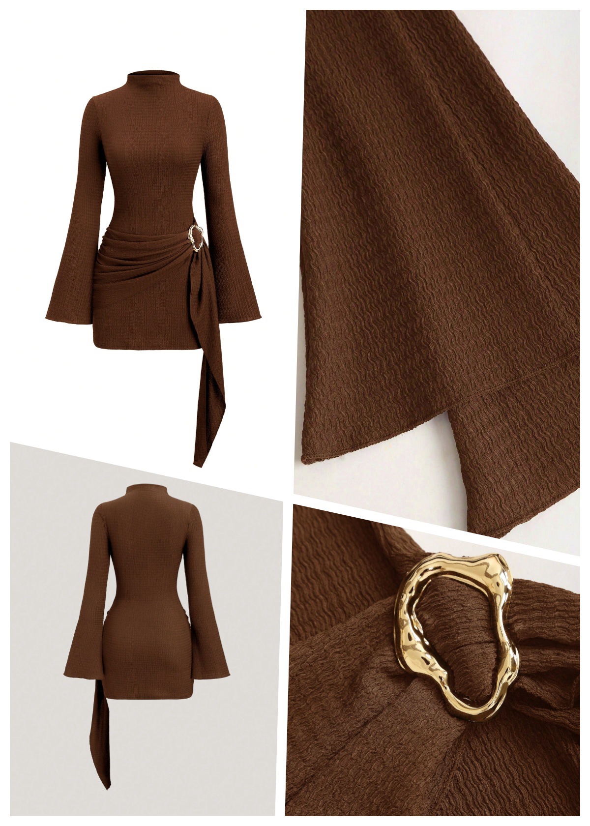 Robe midi ajustée avec col montant et boucle de ceinture_voghion.com