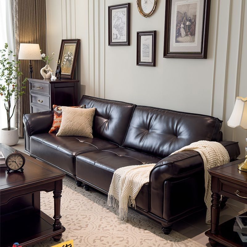 American Retro Style Living Room French Mid-Century Style Leather Sofa Small Apartment Straight Row Oil Wax Leather down Sofa