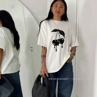 100%纯棉短袖t恤夏季新款休闲简约樱桃印花宽松舒适显瘦美式上衣
