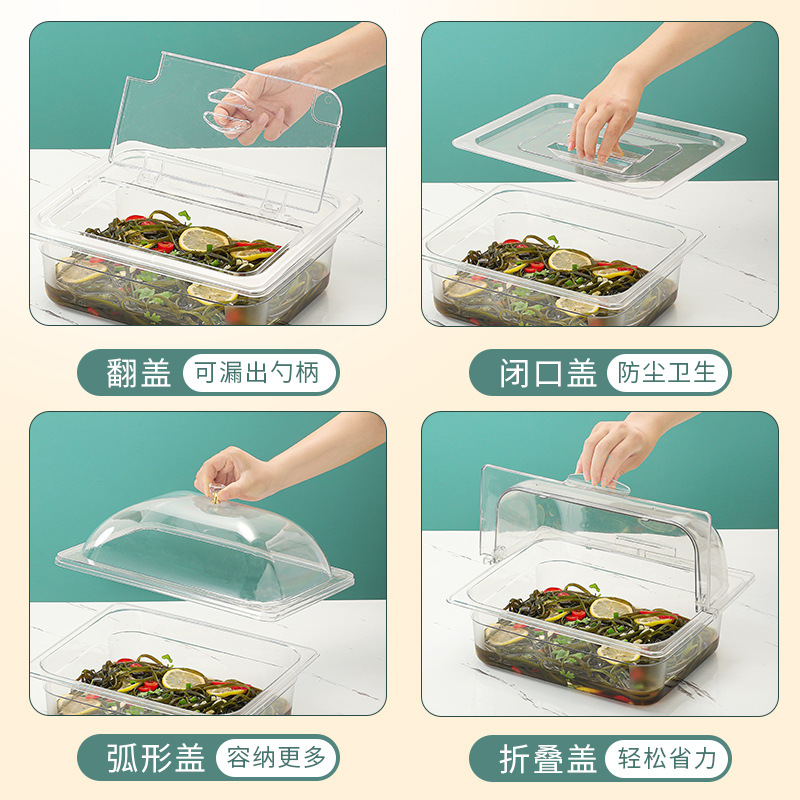 Acrílico bandeja de plato frío Pantalla de alimentos caja de porciones de plástico verduras guisadas puesto comercial encurtidos con tapa caja de conservación