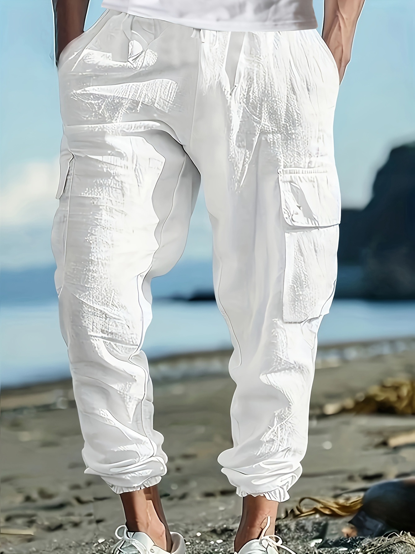 Men's Linen-Cotton Casual Jogger Pants, Relaxed Fit Drawstring Multi-Pocket Trousers For Autumn_viptrois.com