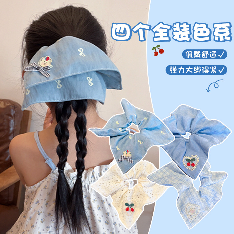 Pañuelo cuadrado bordado para niños, lazo para el cabello de intestino grueso, lazo para el cabello de alto nivel para niñas, cuerda de cabeza de cola de caballo baja, accesorios para el cabello de estilo occidental para niñas