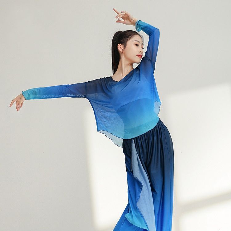 Classical Dance Gradient Mesh Top Oversize Off-Shoulder Long-Sleeved Modern Dance Practice Clothing for Women