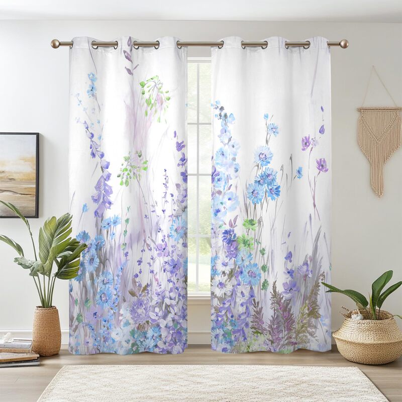 Cross-Border Spring Floral Purple-Blue Floral Pattern Soft-Toned Wildflower Digital Print Curtains for Bedroom and Living Room Manufacturer