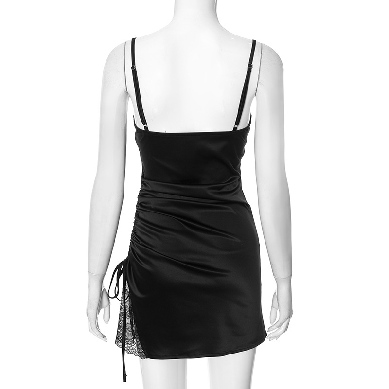 Spring Women Clothing Sexy Patchwork Lace Little Black Dress with Suspenders Dress