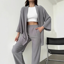 女装2025欧美秋季新款时尚质感褶皱纹理开叉上衣直筒阔腿裤两件套