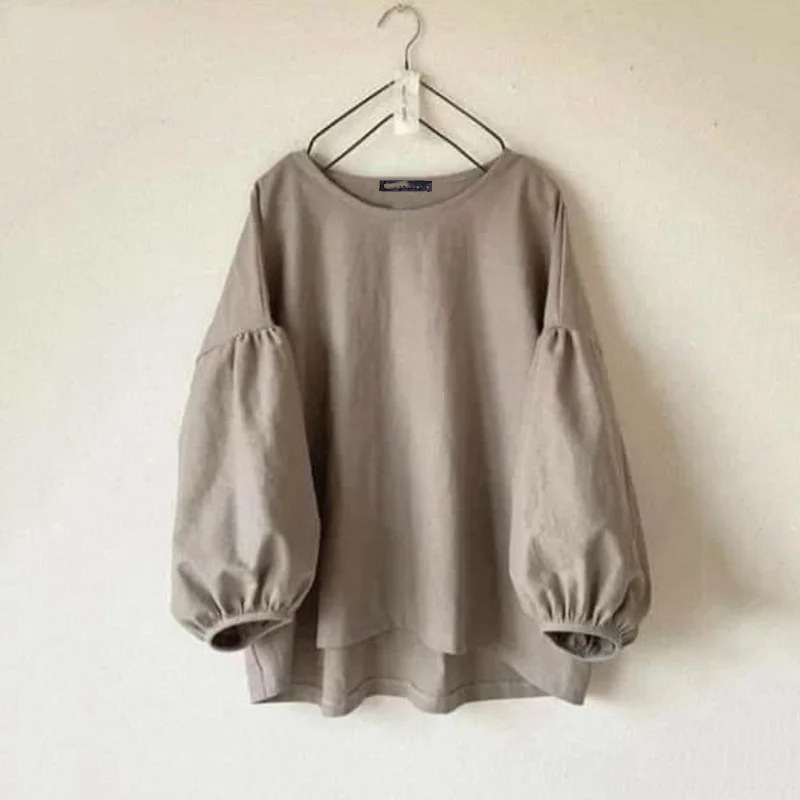 Women's Long Sleeved Round Neck Shirt Solid Color Waist Tightening Retro Casual Loose Elegant Work Top_voghion.com