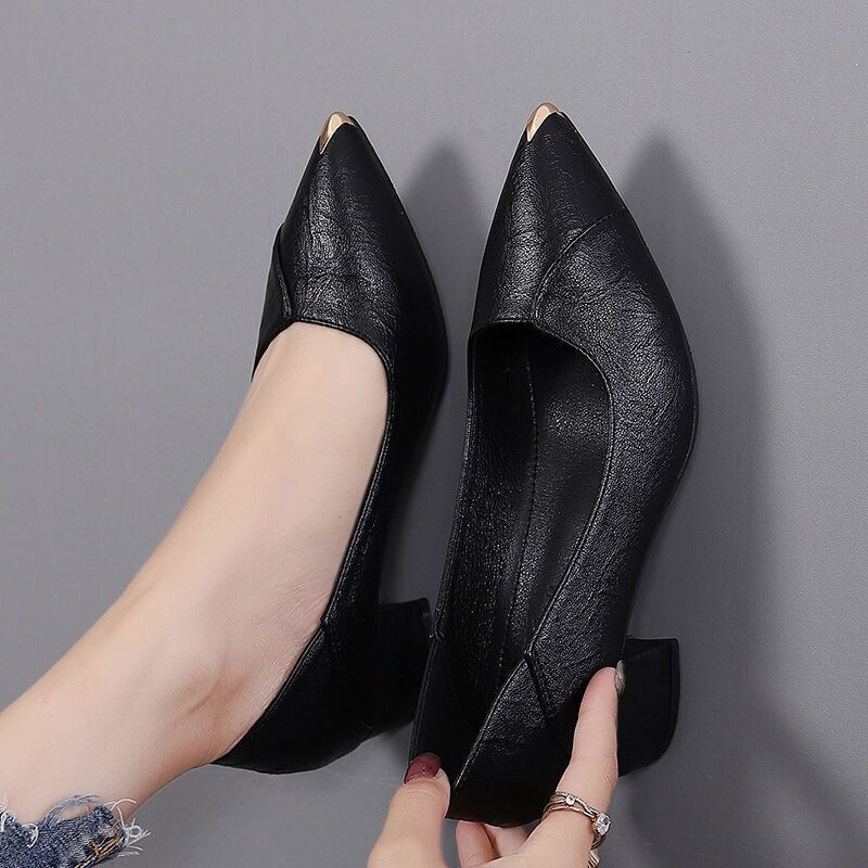 Authentic Genuine Soft Leather Small High-Heeled Shoes, Spring Pointed-Toe Single Shoes for Women, 2026 New Model Leather Shoes with Chunky Heels, Comfortable Women's Shoes