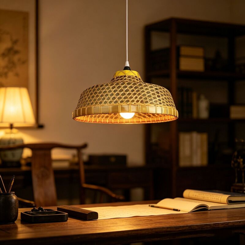 New Chinese Zen-style bamboo woven conical pendant lampshade for cafes, outdoor spaces, study rooms, tea rooms, restaurants, and guesthouses New Chinese Zen-style bamboo woven conical pendant lampshade for cafes, outdoor spaces, study rooms, tea rooms, restaurants, and guesthouses