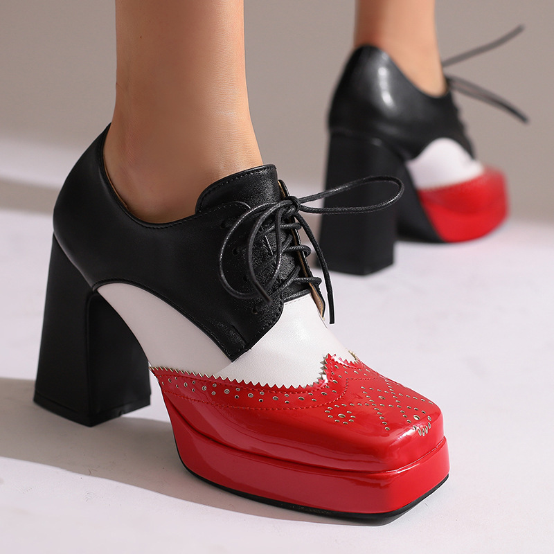Independent Station Export Model 2025 Spring and Autum High-Heeled Thick-Soled 33-48 Large and Small Size Color-Blocked Lace-Up Shoes Independent Station Export Model 2025 Spring and Autum High-Heeled Thick-Soled 33-48 Large and Small Size Color-Blocked Lace-Up Shoes