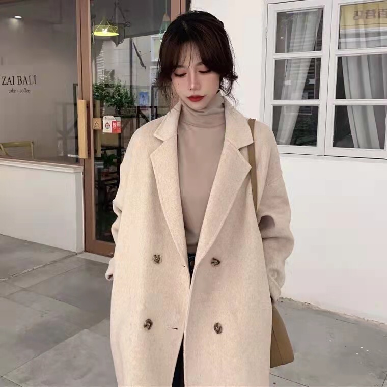 2025 Double-Sided Woolen Outwear Women's Mid-Length Autumn and Winter New Korean Style Hepburn Style Fashionable Cocoon-Shaped Woolen Outerwear