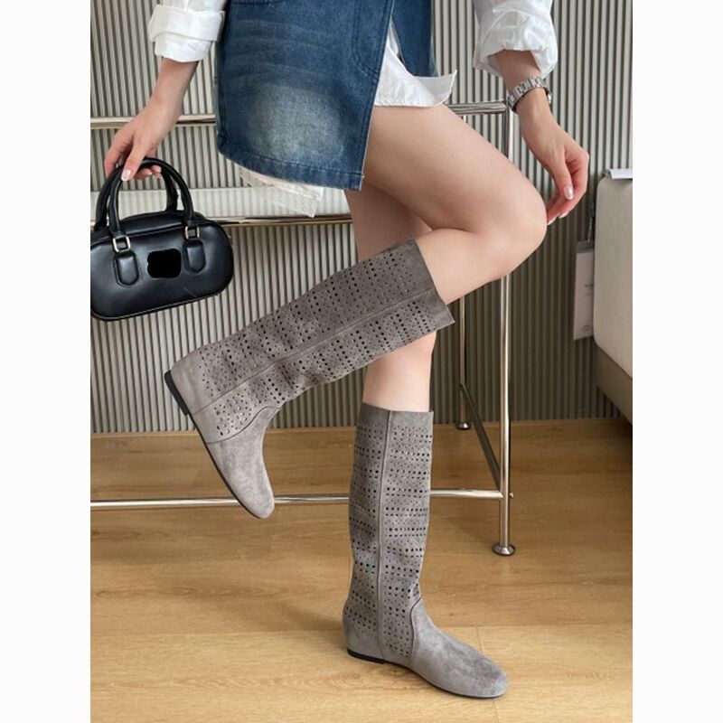 Summer Breathable Hollow-Out Height-Increasing Boots for Women, Knee-High Boots with Round Toe, Flat Sole, Ruched High-Tube Boots Summer Breathable Hollow-Out Height-Increasing Boots for Women, Knee-High Boots with Round Toe, Flat Sole, Ruched High-Tube Boots
