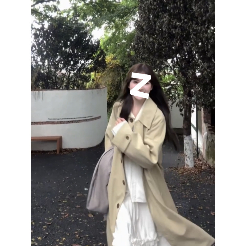 Minimalist Girl Korean Style Lapel Trench Women Autumn Winter New Khaki High-End Oversized Mid-Length Elegant Coat_voghion.com