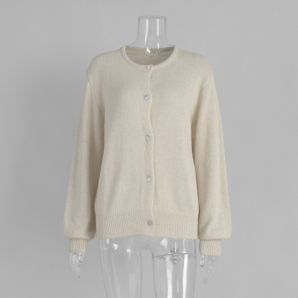 Áo cardigan len dệt kim dáng mỏng nhẹ cài nút một hàng, tay dài cổ tròn nữ — hoa hồng đỏ, màu be, màu cam, màu hoa cà chi tiết 141