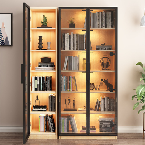 All solid wood glass door bookcase, modern simple living room shelf storage cabinet, display cabinet with sensor light