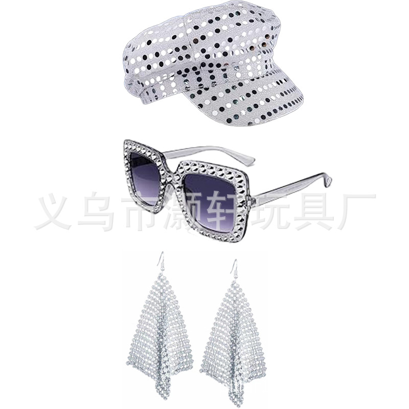 70's 80's disco rendimiento apoyos lentejuelas octogonal Cap gafas aleación de aluminio pendientes geométricos traje