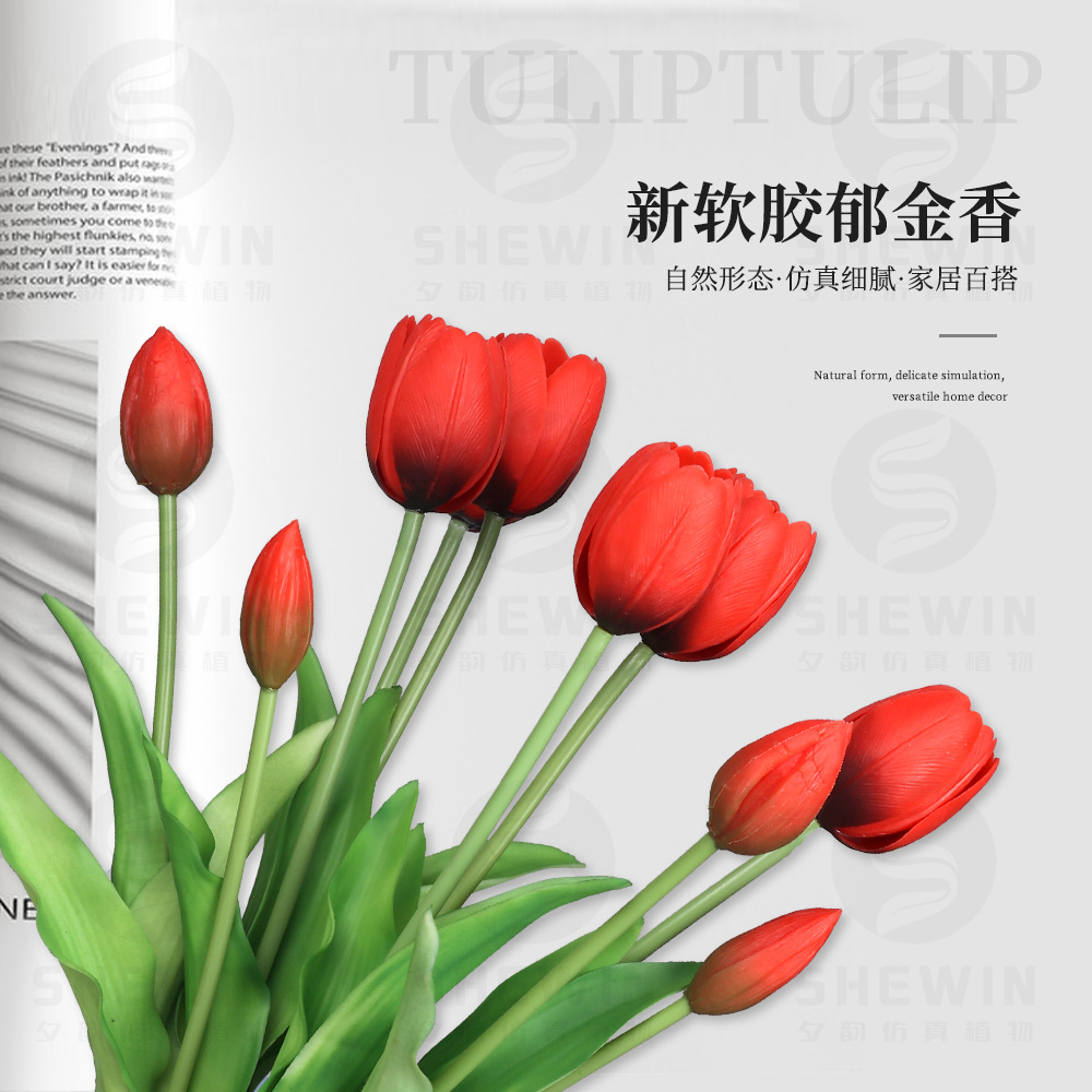 Simulación de buquete de tulipanes de pegamento blando PE suave silicona tulipanes humectantes sensación de 5 flores falsas de tulipanes encontrar fábrica