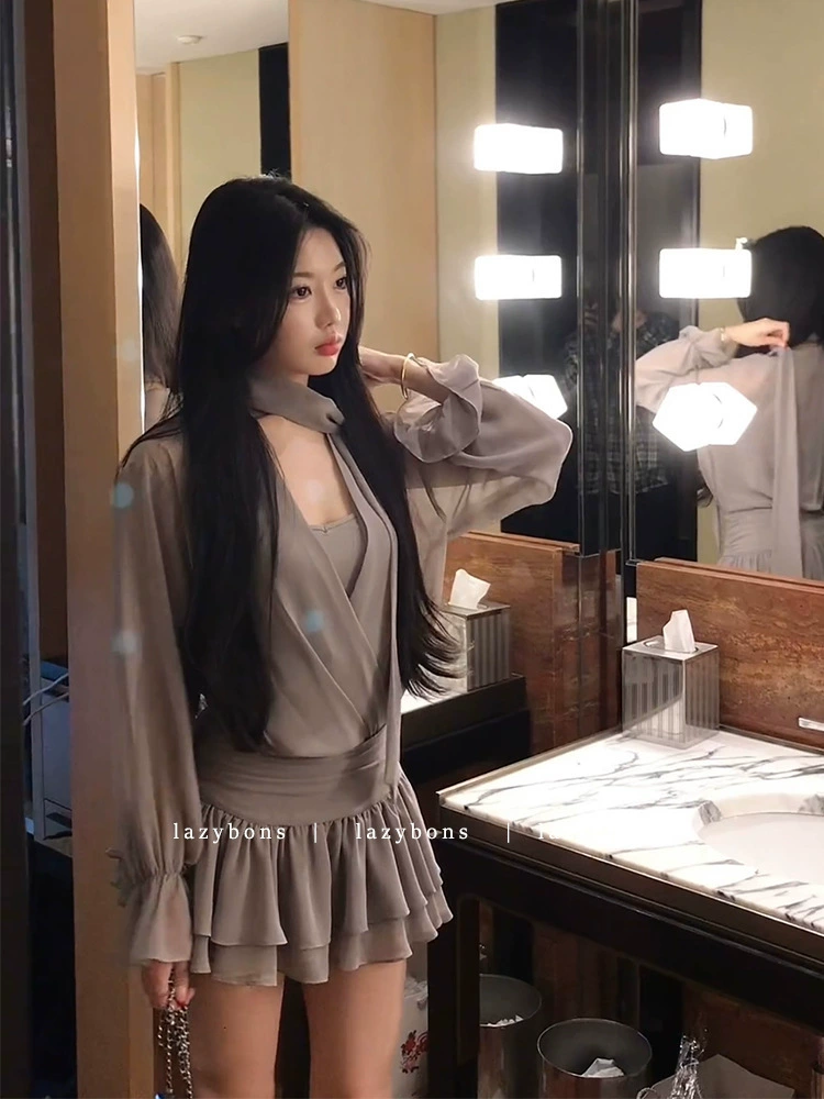 Простое и щедрое платье для женщин, лето 2024, новое платье-рубашка с v-образным вырезом и длинными рукавами на талии, шифоновая короткая юбка