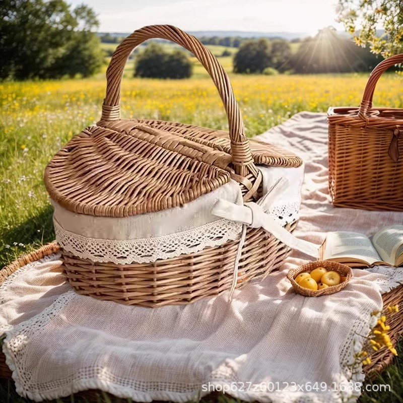 Excursión de primavera personalizada, cesta de picnic portátil de sauce pastoral, cesta de comedor plegable con tapa, accesorios para fotos, picnic al aire libre