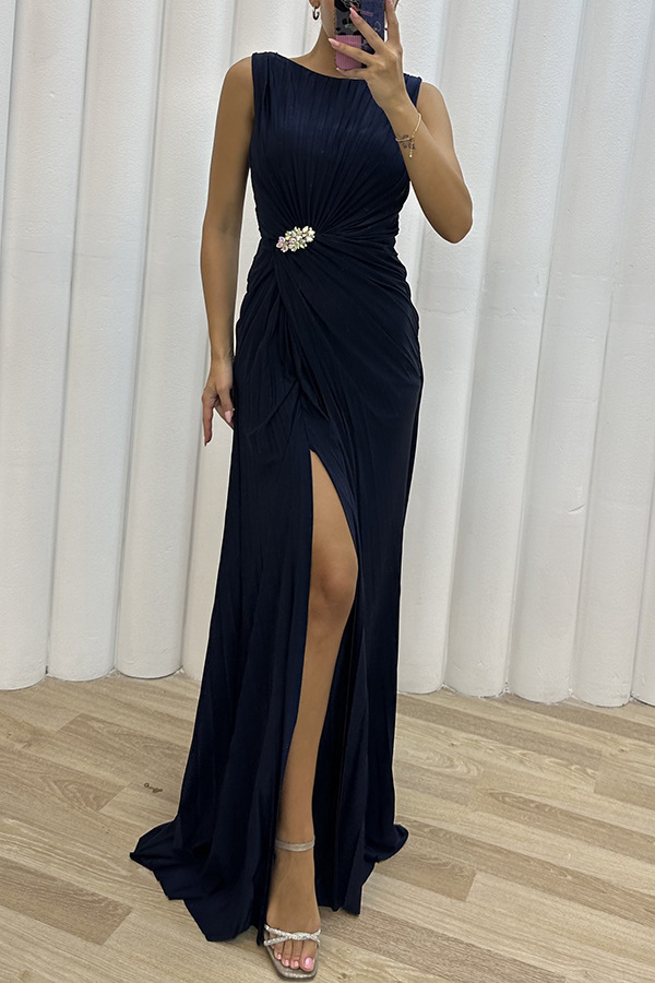 Women's Party Dress Classic Style Round Neck Slit Pleated Sleeveless Solid Color Maxi Long Dress Party Cocktail Party display picture 11