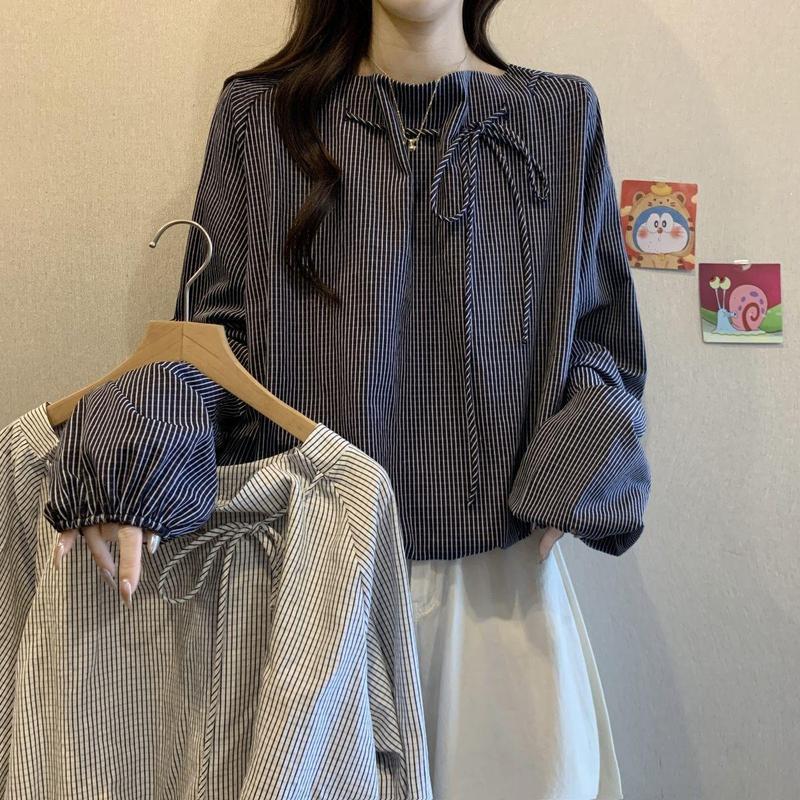 大码女装漂亮小上衣超胖MM条纹长袖衬衫女早夏2025新款米白色|undefined