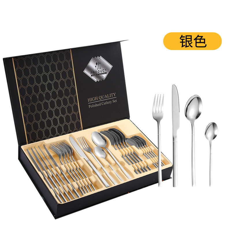 Amazon Venta caliente vajilla de acero inoxidable 24 piezas traje transfronterizo producto Caballero 4 piezas principales cuchillo de comida occidental, tenedor y cuchara traje