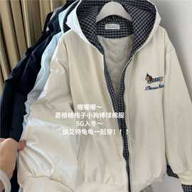美式腊肠狗夹棉加厚刺绣连帽冲锋衣女秋冬百搭宽松开衫拉链外套