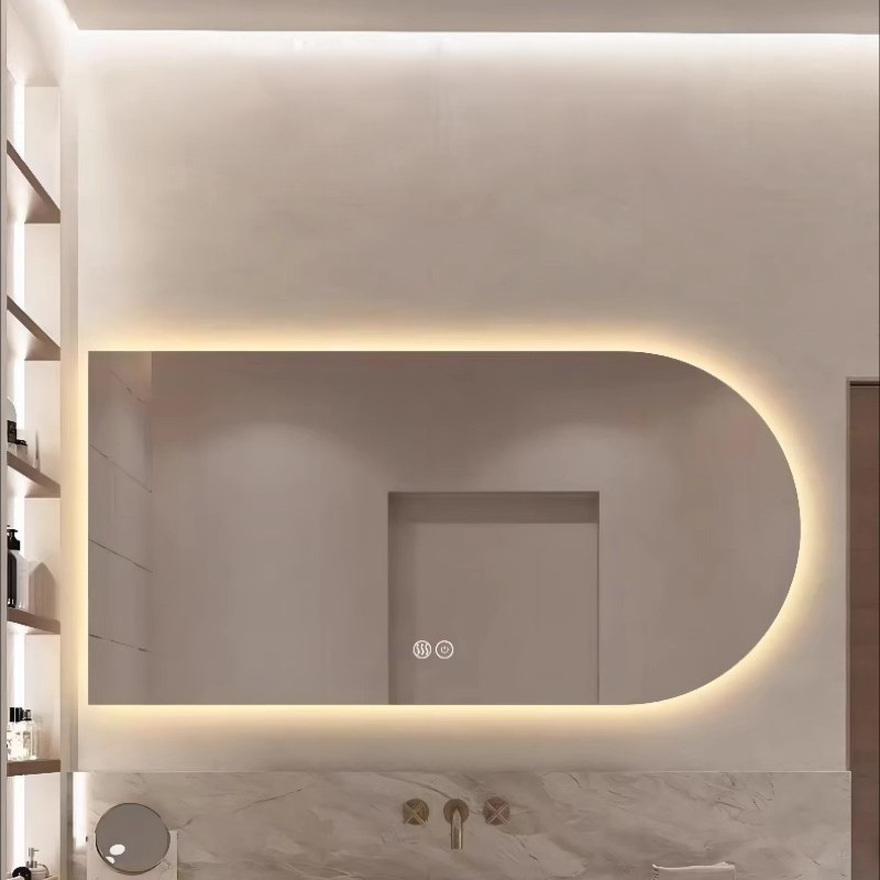 Espejo de baño espejo inteligente forma de arco led luminoso espejo de baño pantalla táctil espejo de maquillaje hotel comercial