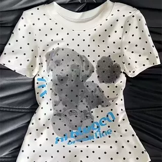 美式可爱波点小狗印花短袖T恤ins女夏季新款学生修身休闲上衣潮流
