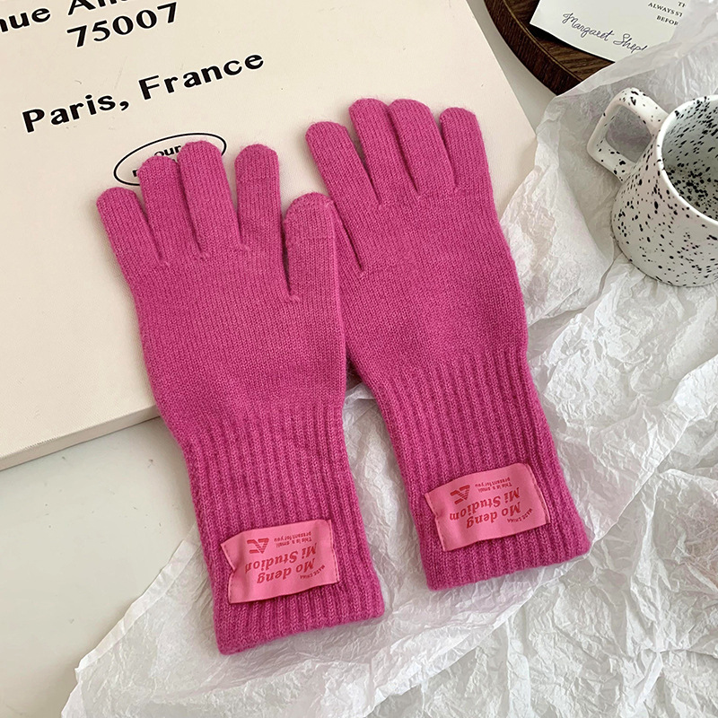 Guantes de ciclismo de invierno nuevo caliente polvo de frambuesa coreano color sólido alargado y grueso guantes de lana de punto de cinco dedos