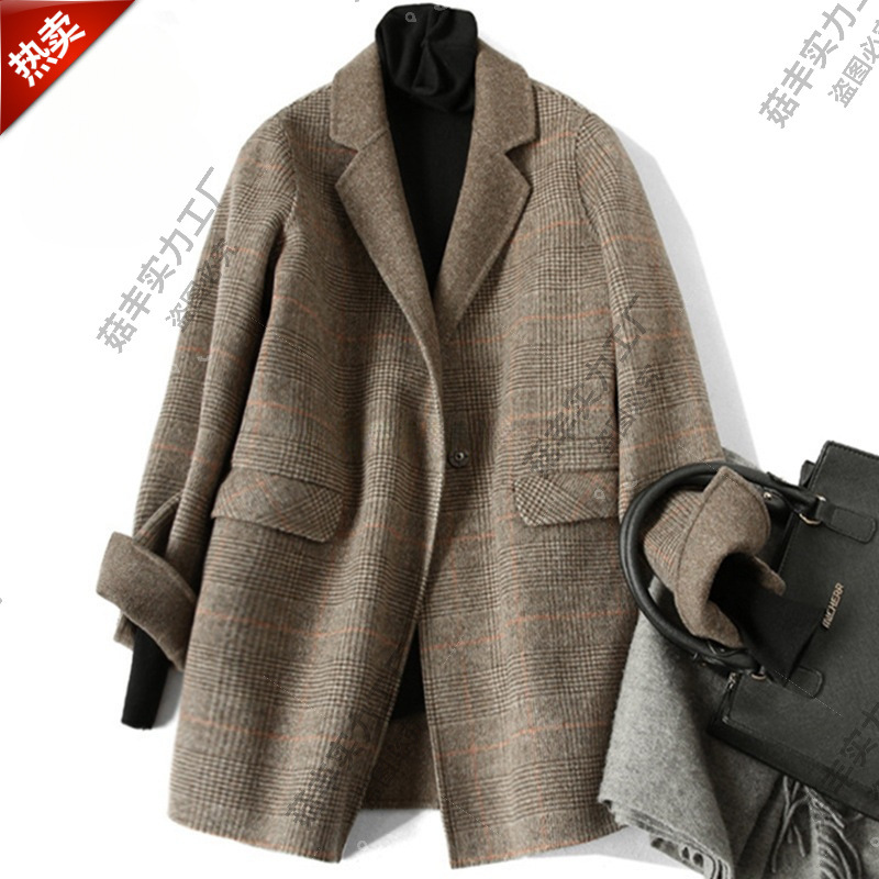 ZOJ手缝双面羊毛西装外套女2024女装新款好货秋冬季格子毛呢大衣